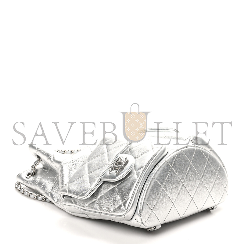 CHANEL METALLIC LAMBSKIN QUILTED DOUBLE POCKET BACKPACK SILVERY AS5310 (24*18*8cm)